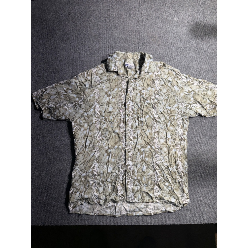 Untied Mens Medium Short Sleeve Rayon Button Down‎ Tropical Floral Shirt Olive